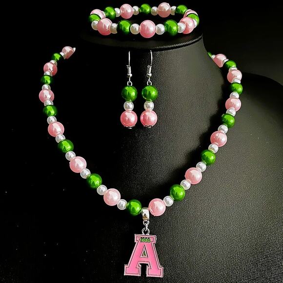 AKA Alpha Kappa Alpha Jewelry Set Pink and Green Necklace, Earrings, Bracelet - Picture 2 of 6